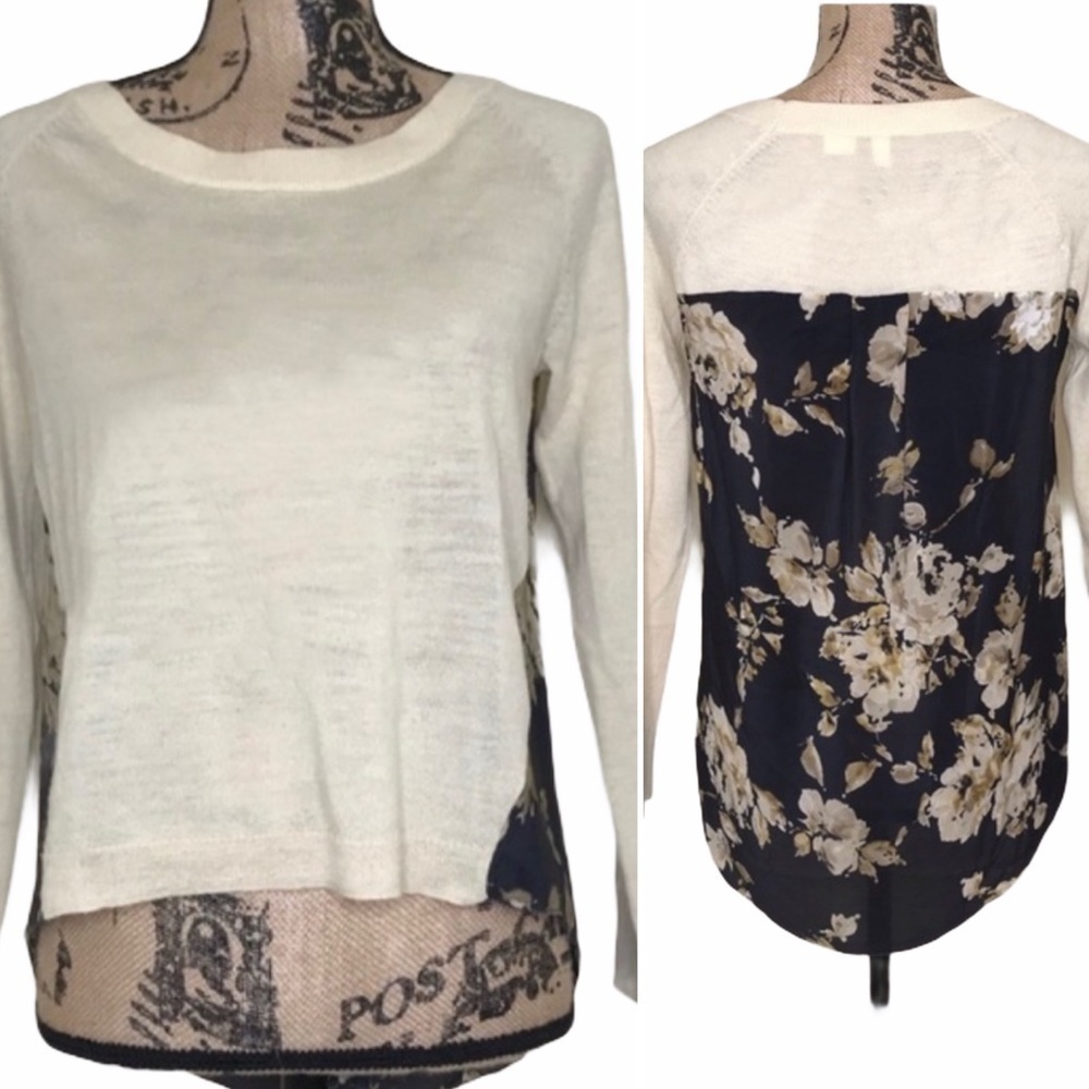 ANTHROPOLOGIE Moth Ivory Floral Mixed Media Sweater